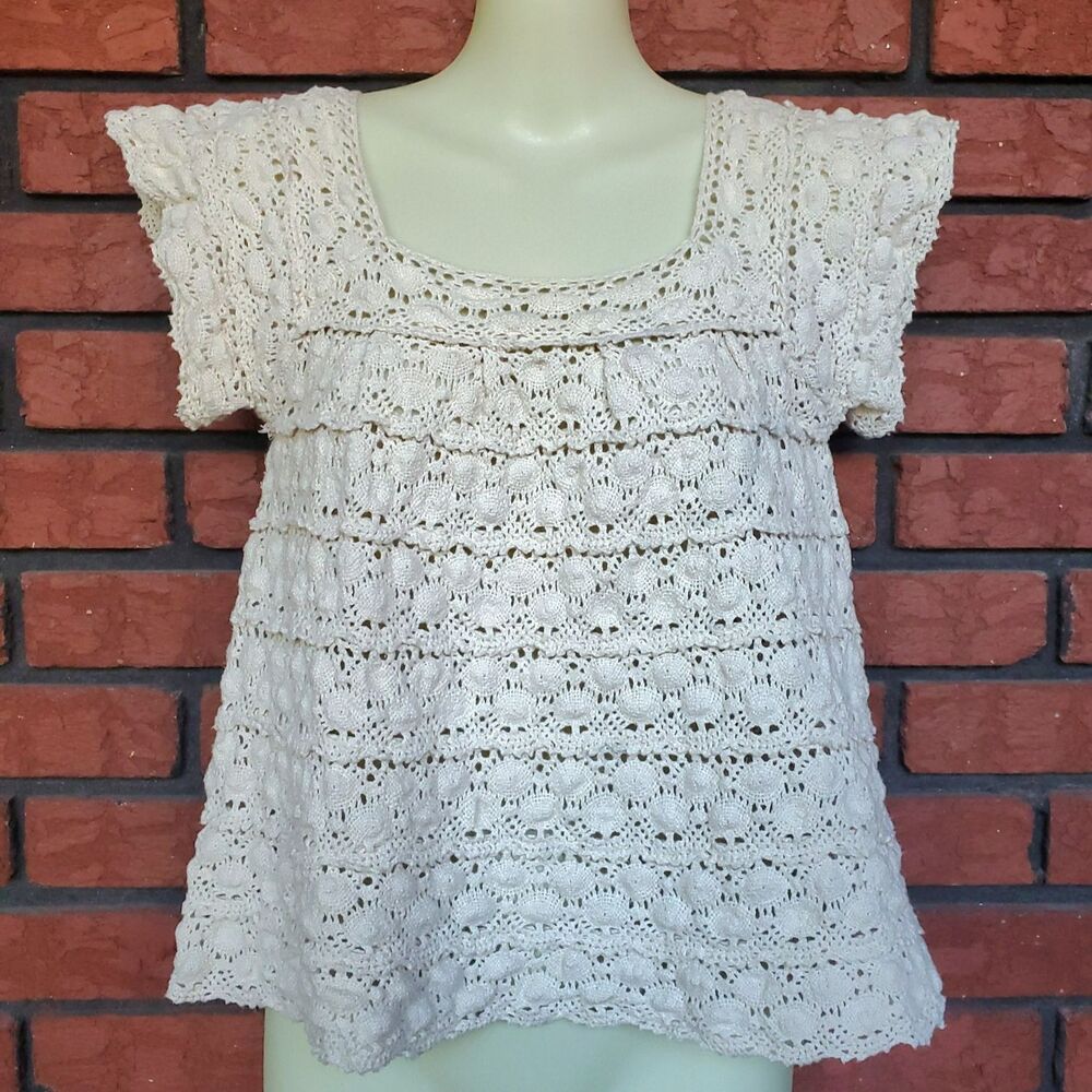 Crochet Top Size M (Measures Small) Cream Short Cap Sleeve Boho Made in Mexico